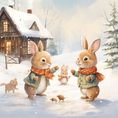 a group of bunnies in the snow
