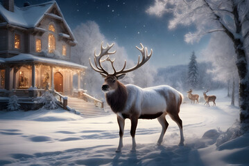 Santa Claus Stag in Snow on Christmas Time