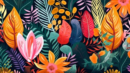 Fototapeta na wymiar Contemporary seamless design featuring vibrant exotic floral elements in a hand-drawn cartoon style, creating a modern jungle collage