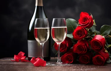 Fotobehang Valentine's day table setting with sparkling wine and red roses on gray background © Anzhela