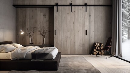minimalist bedroom with a barn door wardrobe and hidden under-bed drawers