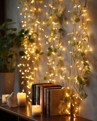 nergy-saving LED garlands in interior of the room.  Seasonal holidays, greeting card, eco friendly holiday.Christmas and happy New Year concept
