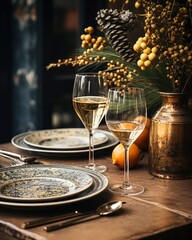 New Year and Christmas table decoration with beautiful glasses, dishes, balls and flowers on blurred background
