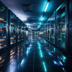 New future technology, futuristic environments, cyber space. science, development background. huge spaces with servers in blue color. Copy space.  square - obrazy, fototapety, plakaty