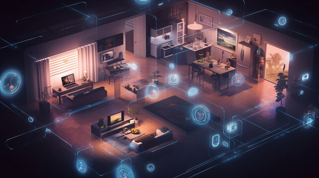 the concept of the Internet of Things with an image of a smart home, featuring various connected devices and appliances AI	