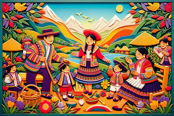 Joyous Andean Family Traditional Dance in Paper Art Form