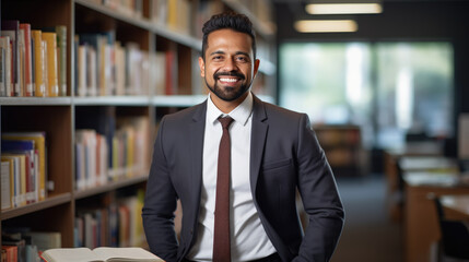 Smiling man in a suit and tie is standing in a library with bookshelves filled with books in the background.