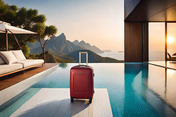 A vacation travel suitcase in a luxury holiday villa. Generative AI - obrazy, fototapety, plakaty
