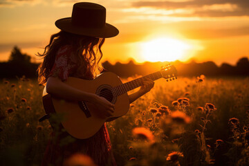 silhouette of a girl with a guitar on the background of a sunset in a field. young hippie woman in a hat. - obrazy, fototapety, plakaty