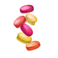 Berry flavored macaroons levitation. Red, yellow, orange macaron in motion falling or flying. Sweet dessert. Raspberry, sea buckthorn, cranberry. Watercolor illustration for package, menu, recipe.
