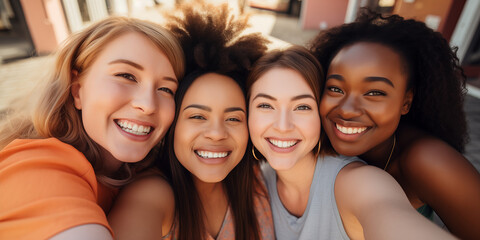 Fototapeta premium Joyful Diversity: Panoramic Selfie of Four Smiling Girls from Different Races