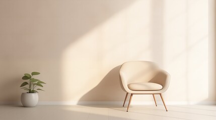 A sleek, modern armchair sits in the center of a minimalist interior, against a backdrop of an empty cream-colored wall,