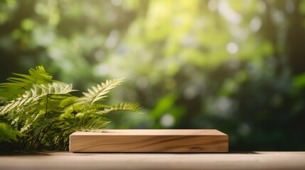 Wooden product display podium with blurred nature AI generated illustration
