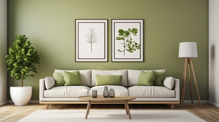 A vibrant and modern living room scene showcases two poster frames hanging on a white wall, featuring a lush green couch, a wooden pot with a vibrant plant, and a sleek floor lamp