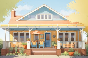 craftsman house with elegantly set front porch dining, magazine style illustration