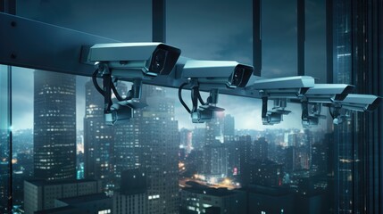 security cameras in action. Top project secures stocks in an innovative surveillance company. - obrazy, fototapety, plakaty