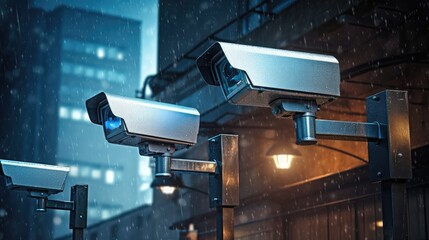security cameras in action. Top project secures stocks in an innovative surveillance company. - obrazy, fototapety, plakaty