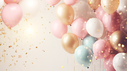 Celebration backdrop in pastel colors. Air balloons and golden confetti on the plain beige neutral wall.  - 679354385