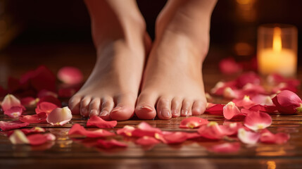 Obraz na płótnie Canvas Bare feet surrounded by scattered rose petals on a wooden surface, with a softly glowing candle in the background, creating a tranquil and luxurious spa ambiance.