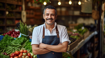 A cheerful middle-aged grocer wearing an apron, standing in front of a vibrant display of fresh produce, including tomatoes and peppers, in a local grocery market. - obrazy, fototapety, plakaty