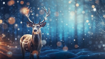 Fondo de navidad con un reno y con luces bokeh. Concepto de fiestas navideñas. Generado por IA - obrazy, fototapety, plakaty