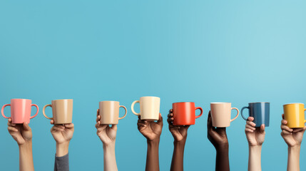 Multiple hands of diverse skin tones are raised, each holding a different colored mug against a blue background. - obrazy, fototapety, plakaty