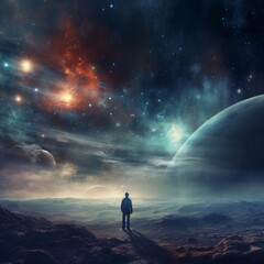 a person standing in a desert with planets and stars in the sky