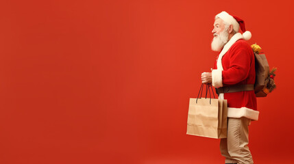 funky fat santa claus hold gift wish bag travel around world on christmas night eve wear x-mas hat...