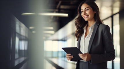 Professional woman standing in an office corridor, holding a tablet, wearing a suit and smiling at the camera.
