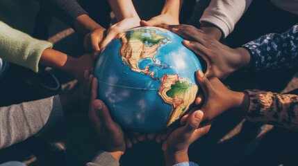 Multiple hands of diverse skin tones coming together to carefully hold a globe, symbolizing unity, diversity, and global cooperation - obrazy, fototapety, plakaty