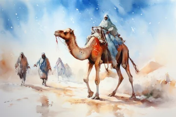 Foto op Plexiglas watercolor Camel Watercolor realistic camel desert © PinkiePie