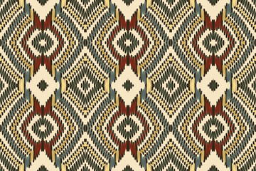 Ikat Fabric Green Yellow Red and White Seamless Pattern folk embroidery, and Mexican style. Aztec geometric art ornament print.Design for carpet, wallpaper, clothing, wrapping, fabric, cover, textile