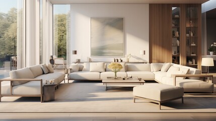 Fototapeta na wymiar Central living room, luxury condominium or hotel Large luxury modern living room is depicted through