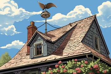 weather vane sitting on the eave of a dutch colonial, magazine style illustration