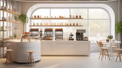 Foto op Canvas Small modern Korean style design cafe, glossy ivory white round corner counter, cake display, professional espresso machine, bar table, stool by window for interior © CraftyImago