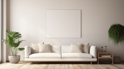 A brightly lit, modern living room with a sleek white sofa, a decorative wall panel adorned with abstract art, and tasteful decor, with frame mockup