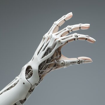 a white robot hand with metal parts
