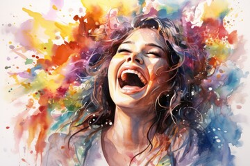 a woman laughing with colorful splashes - obrazy, fototapety, plakaty