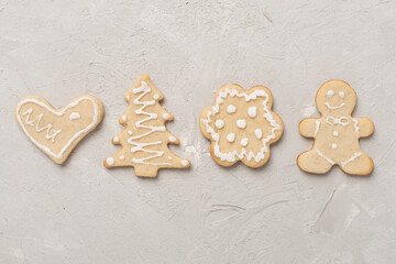 Cute homemade Christmas cookies on concrete background,top view