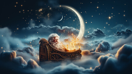 Santa flying over night sky. Marry Christmas and happy holiday