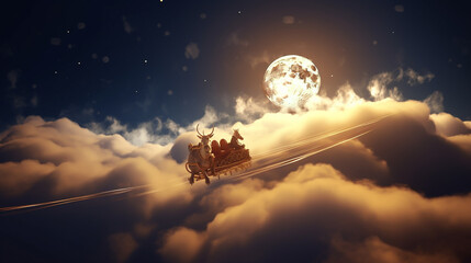 Naklejka premium Santa flying over night sky. Marry Christmas and happy holiday