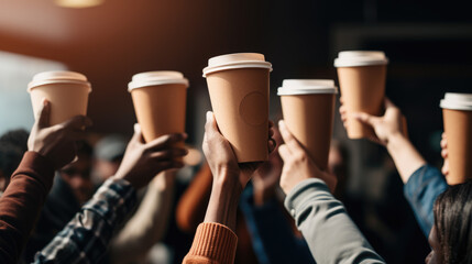 Multiple hands of diverse skin tones are raised, each holding a brown takeaway coffee cup, creating a sense of unity and diversity.