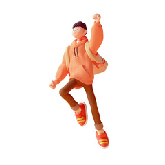 Young cute excited funny smiling сasual asian active guy in fashion red hoodie, brown jeans, sneakers, backpack in superhero pose, hands in fist, jumps up floats in air. 3d render isolated transparent