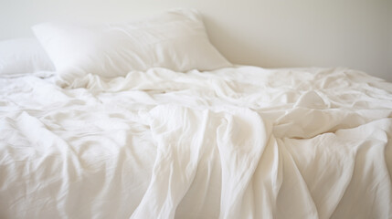 Fototapeta na wymiar Crumpled white bed blanket. Flat lay style. Home textiles. Comfort concept