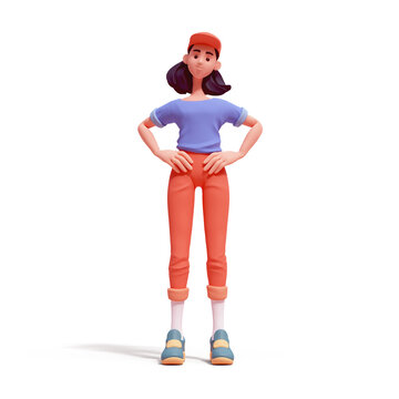 Cute kawaii positive excited asian smiling colorful brunette k-pop girl in fashion clothes red pants, blue t-shirt, green sneakers stands with hands on hips has fun joy. 3d render isolated transparent