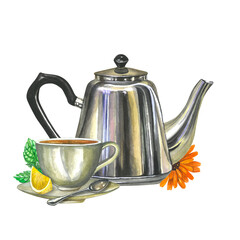 Watercolor illustration of a teapot, cup and saucer, calendula and mint. Isolated on a transparent background, hand-drawn