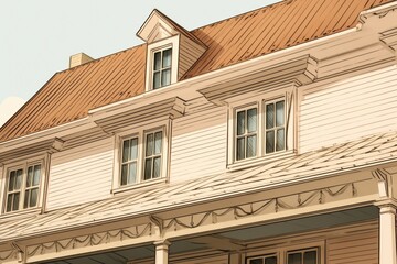 close-up of flared eaves on ivory dutch colonial house, magazine style illustration