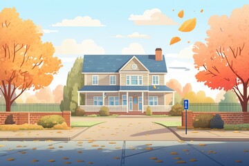 dutch colonial house with a long, gravel driveway, magazine style illustration