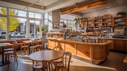 beautifully designed bistro cafe with a clean white counter, a tempting bakery display, and a long wooden counter adorned with high chairs by the window, bathed in the warm, golden morning sunlight - obrazy, fototapety, plakaty