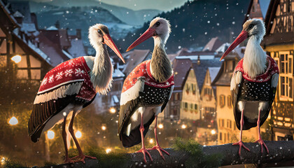 Storks wearing Christmas Sweaters in Alsace - Christmas in France - obrazy, fototapety, plakaty